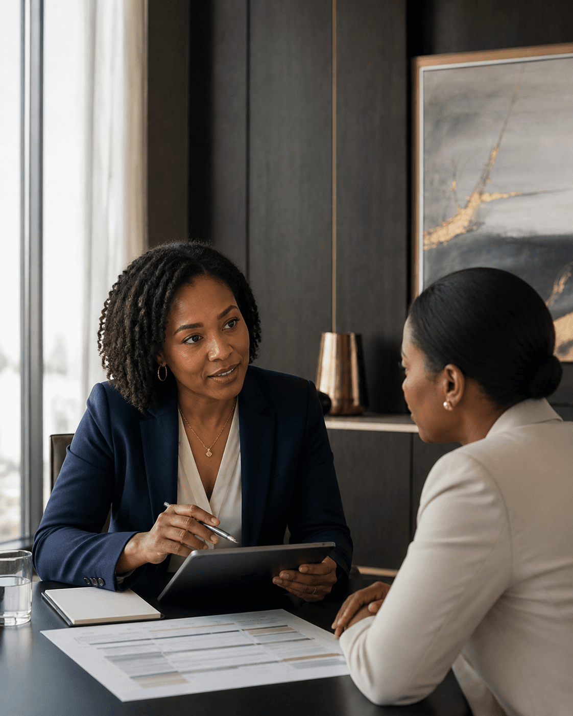 Jamaican female business consultant meeting with a client