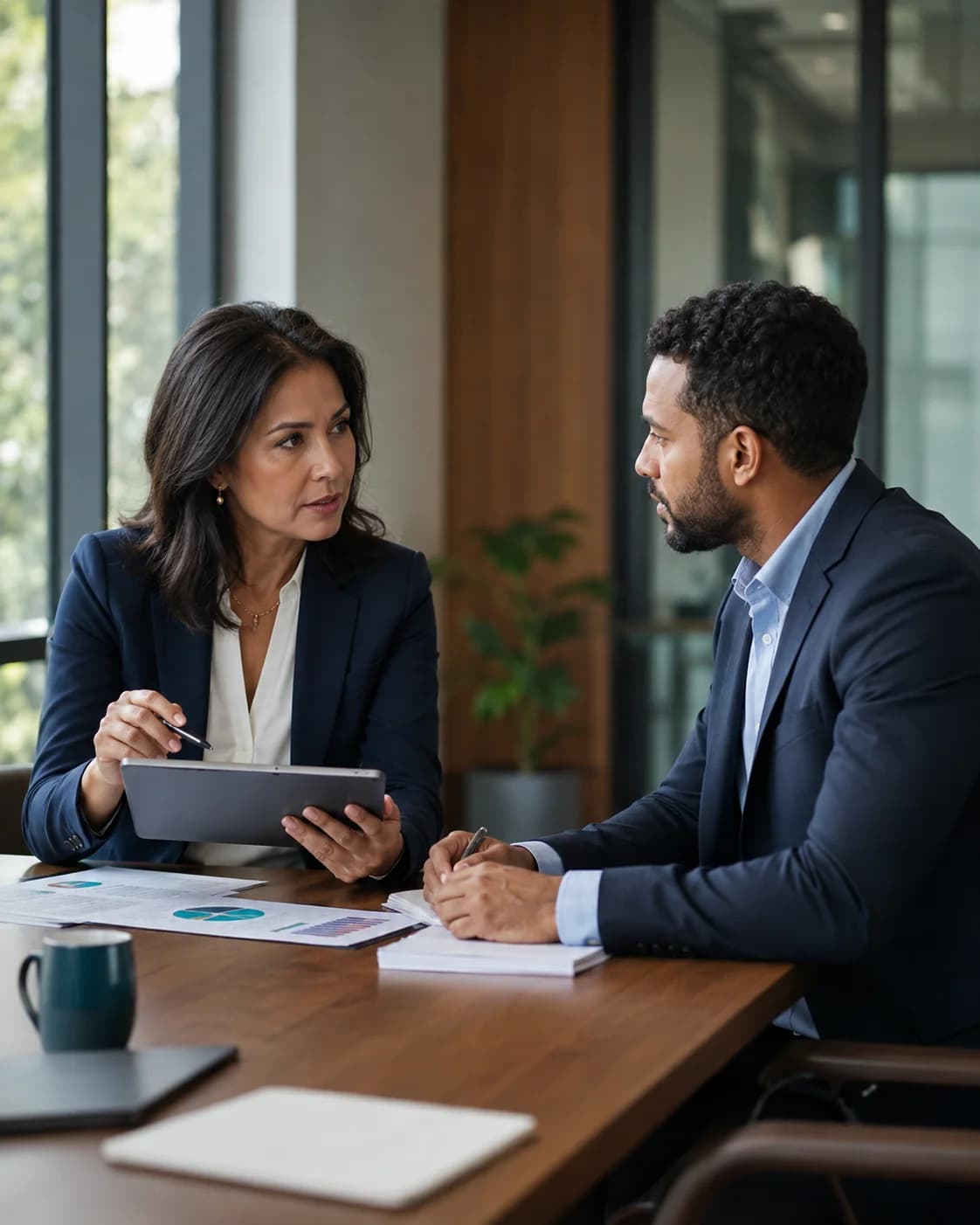 A CEO and manager reviewing a business plan together