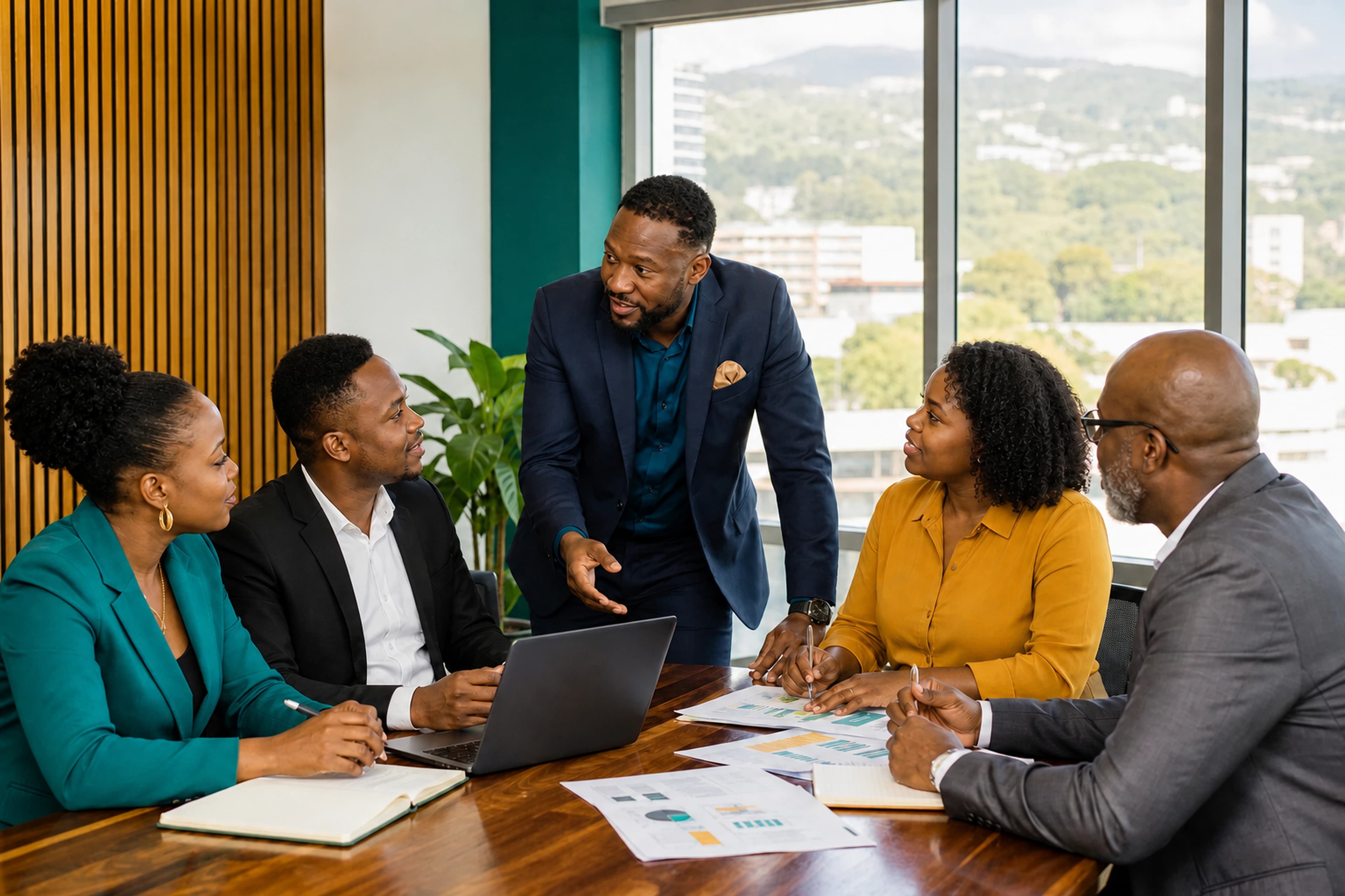 Jamaican business coach facilitating a collaborative team session around a conference table
